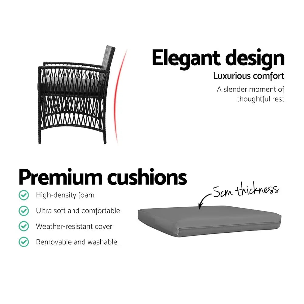 Gardeon 3PC Outdoor Bistro Set Patio Furniture Wicker Dining Chairs Table Cushion Black - Furniture > Outdoor > Outdoor