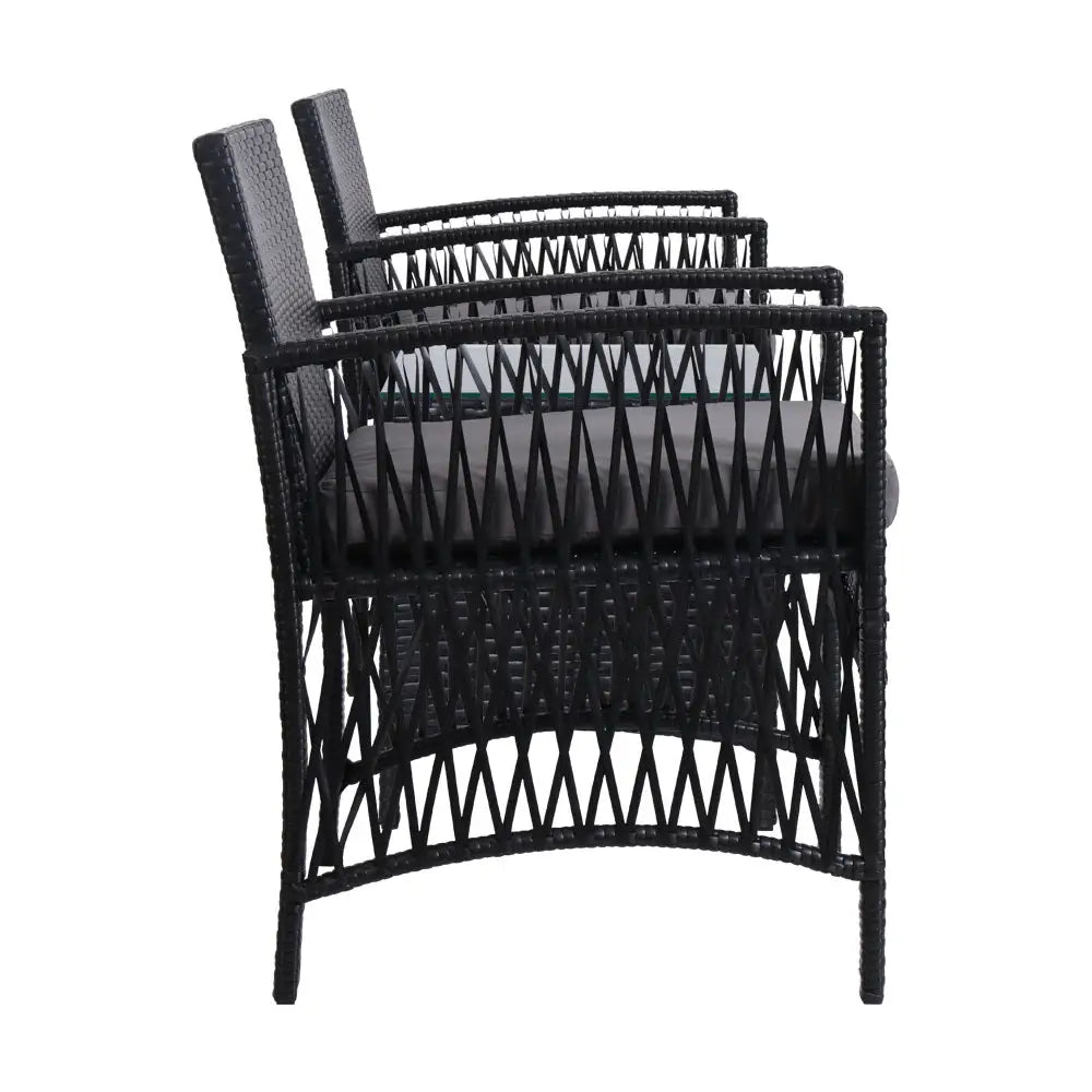 Gardeon 3PC Outdoor Bistro Set Patio Furniture Wicker Dining Chairs Table Cushion Black - Furniture > Outdoor > Outdoor