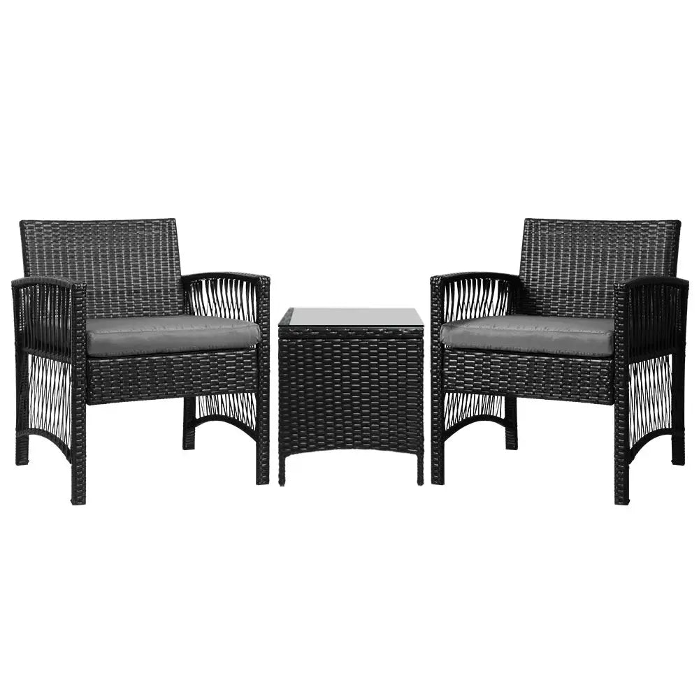 Gardeon 3PC Outdoor Bistro Set Patio Furniture Wicker Dining Chairs Table Cushion Black - Furniture > Outdoor > Outdoor