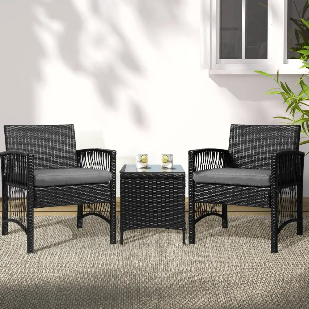 Gardeon 3PC Outdoor Bistro Set Patio Furniture Wicker Dining Chairs Table Cushion Black - Furniture > Outdoor > Outdoor