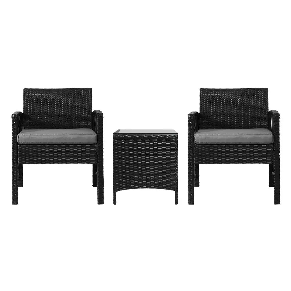 Gardeon 3PC Outdoor Bistro Set Patio Furniture Wicker Dining Chairs Table Cushion Black - Furniture > Outdoor > Outdoor