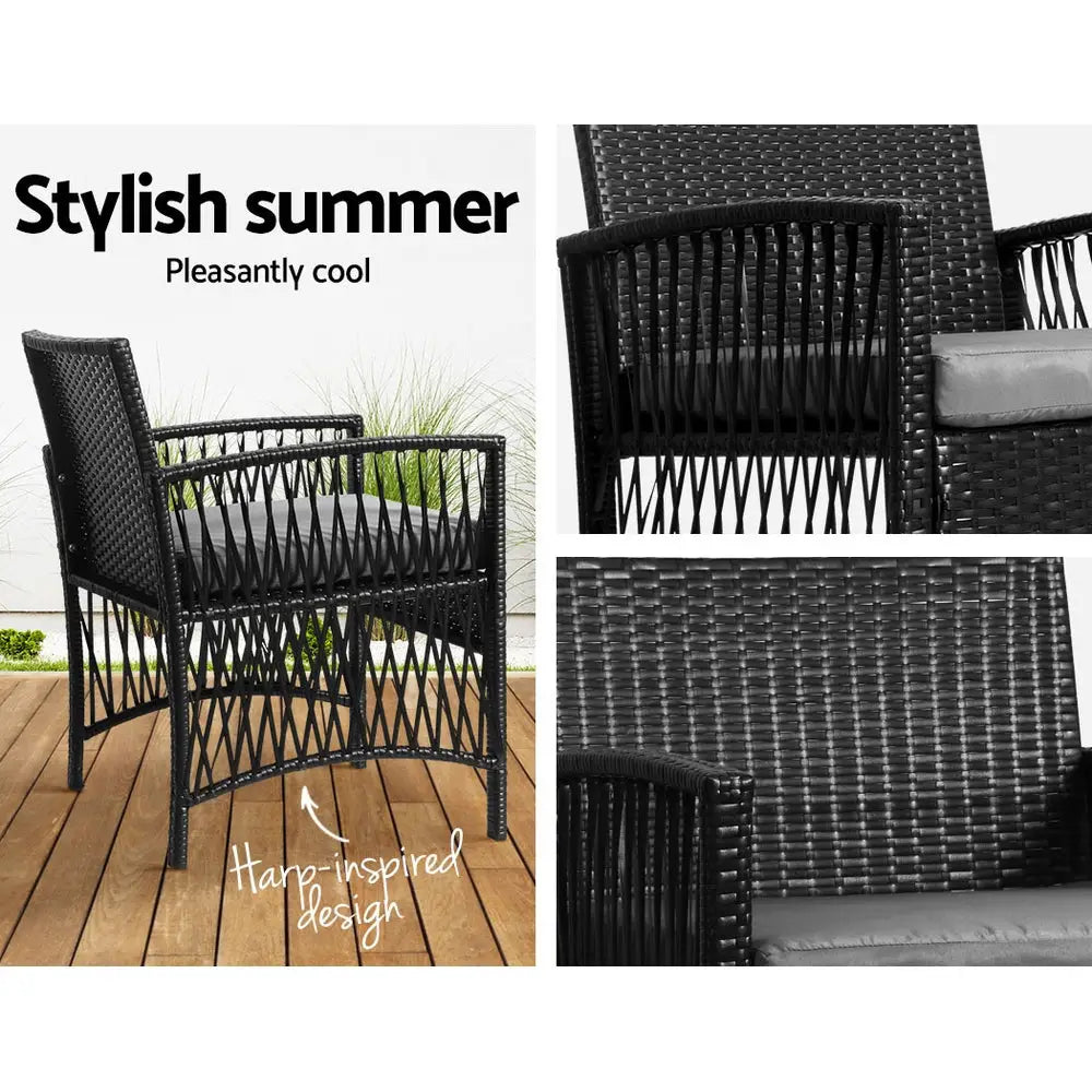 Gardeon 3PC Outdoor Bistro Set Patio Furniture Wicker Dining Chairs Table Cushion Black - Furniture > Outdoor > Outdoor