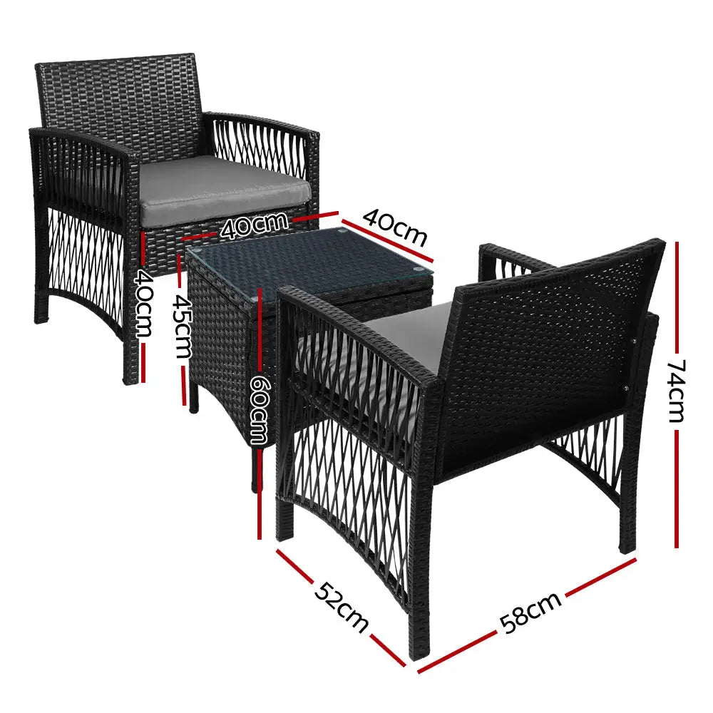 Gardeon 3PC Outdoor Bistro Set Patio Furniture Wicker Dining Chairs Table Cushion Black - Furniture > Outdoor > Outdoor