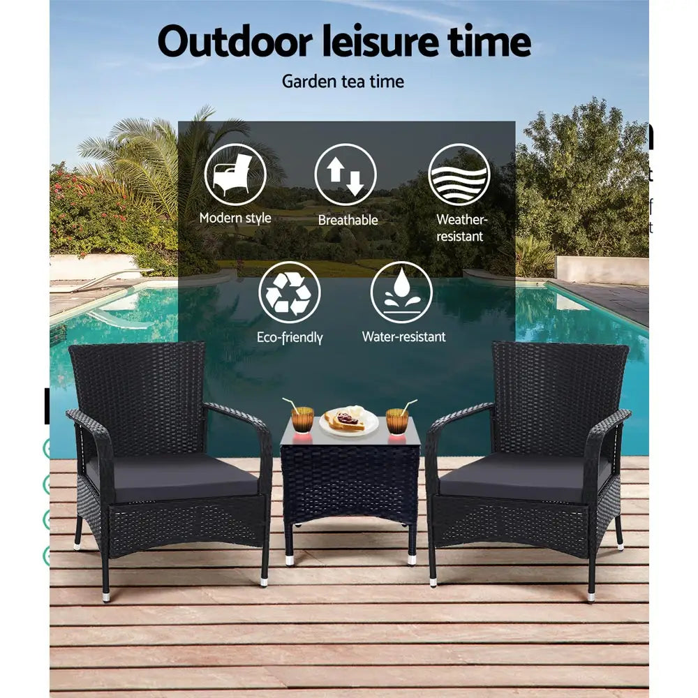 Gardeon 3PC Outdoor Bistro Set Patio Furniture Wicker Setting Chairs Table Luca - Furniture > Outdoor > Outdoor Chairs