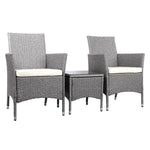 Gardeon 3PC Outdoor Bistro Set Patio Furniture Wicker Setting Chairs Table Cushion Grey - Furniture > Outdoor