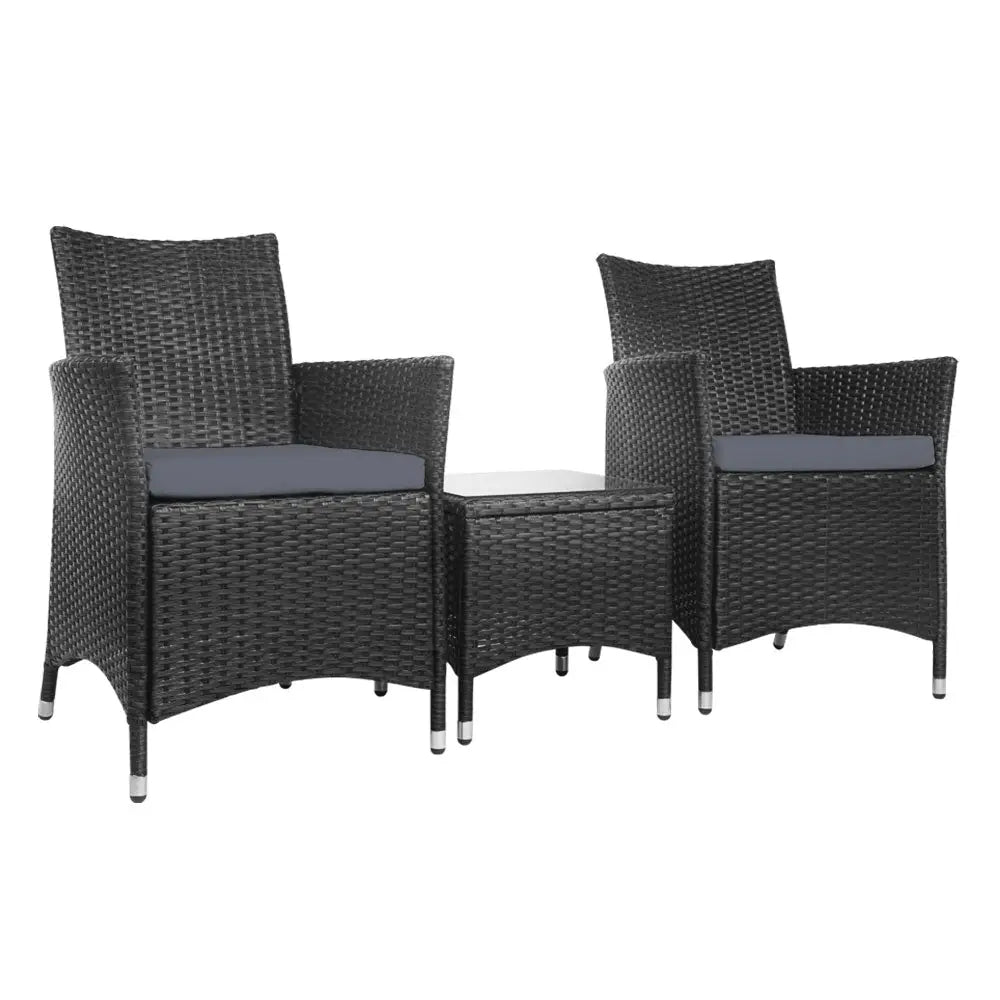 Gardeon 3PC Outdoor Bistro Set Patio Furniture Wicker Setting Chairs Table Cushion Black - Furniture > Outdoor >