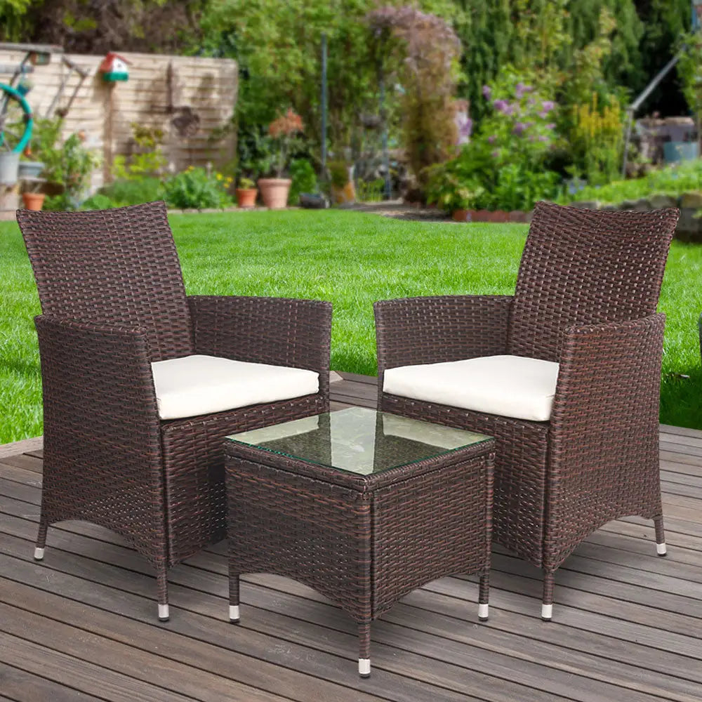 Gardeon 3PC Outdoor Bistro Set Patio Furniture Wicker Setting Chairs Table Cushion Brown - Furniture > Outdoor