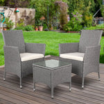 Gardeon 3PC Outdoor Bistro Set Patio Furniture Wicker Setting Chairs Table Cushion Grey - Furniture > Outdoor