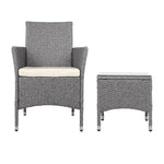 Gardeon 3PC Outdoor Bistro Set Patio Furniture Wicker Setting Chairs Table Cushion Grey - Furniture > Outdoor