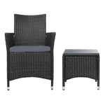 Gardeon 3PC Outdoor Bistro Set Patio Furniture Wicker Setting Chairs Table Cushion Black - Furniture > Outdoor >