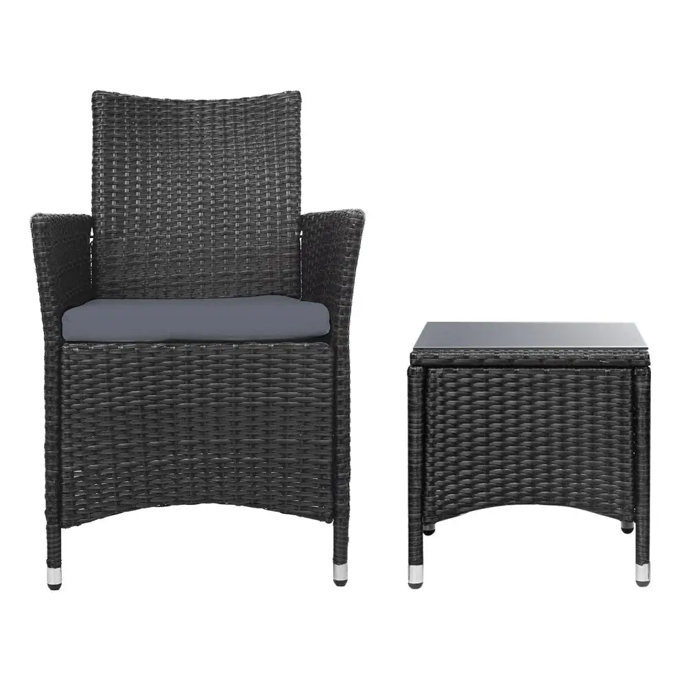 Gardeon 3PC Outdoor Bistro Set Patio Furniture Wicker Setting Chairs Table Cushion Black - Furniture > Outdoor >