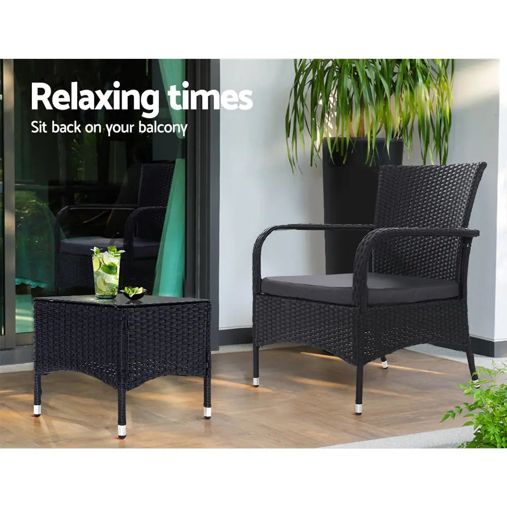Gardeon 3PC Outdoor Bistro Set Patio Furniture Wicker Setting Chairs Table Luca - Furniture > Outdoor > Outdoor Chairs