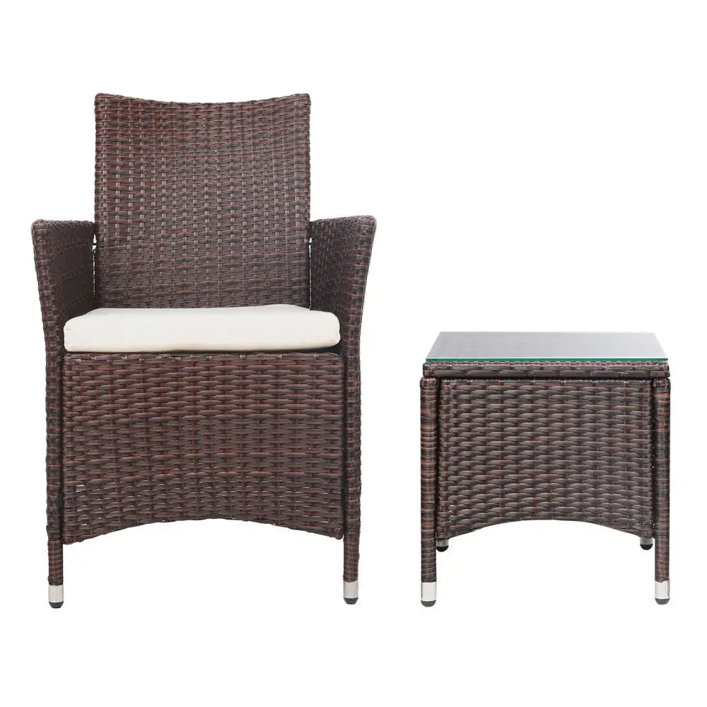 Gardeon 3PC Outdoor Bistro Set Patio Furniture Wicker Setting Chairs Table Cushion Brown - Furniture > Outdoor