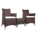Gardeon 3PC Outdoor Bistro Set Patio Furniture Wicker Setting Chairs Table Cushion Brown - Furniture > Outdoor