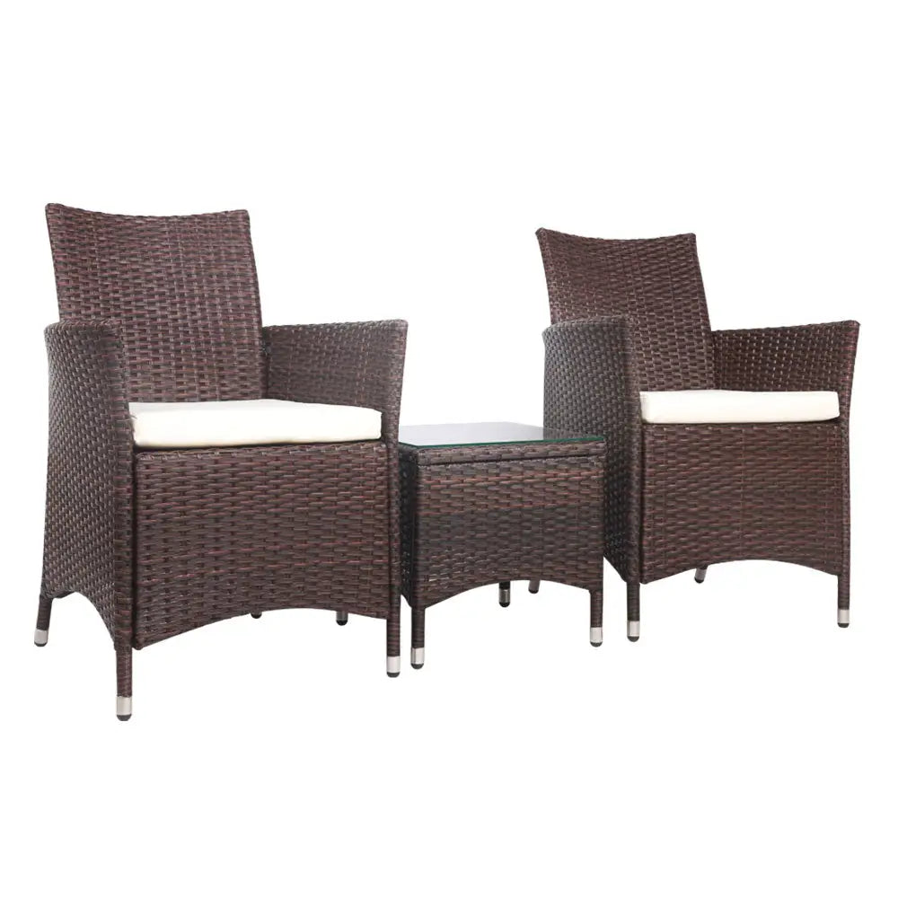 Gardeon 3PC Outdoor Bistro Set Patio Furniture Wicker Setting Chairs Table Cushion Brown - Furniture > Outdoor
