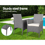 Gardeon 3PC Outdoor Bistro Set Patio Furniture Wicker Setting Chairs Table Cushion Grey - Furniture > Outdoor