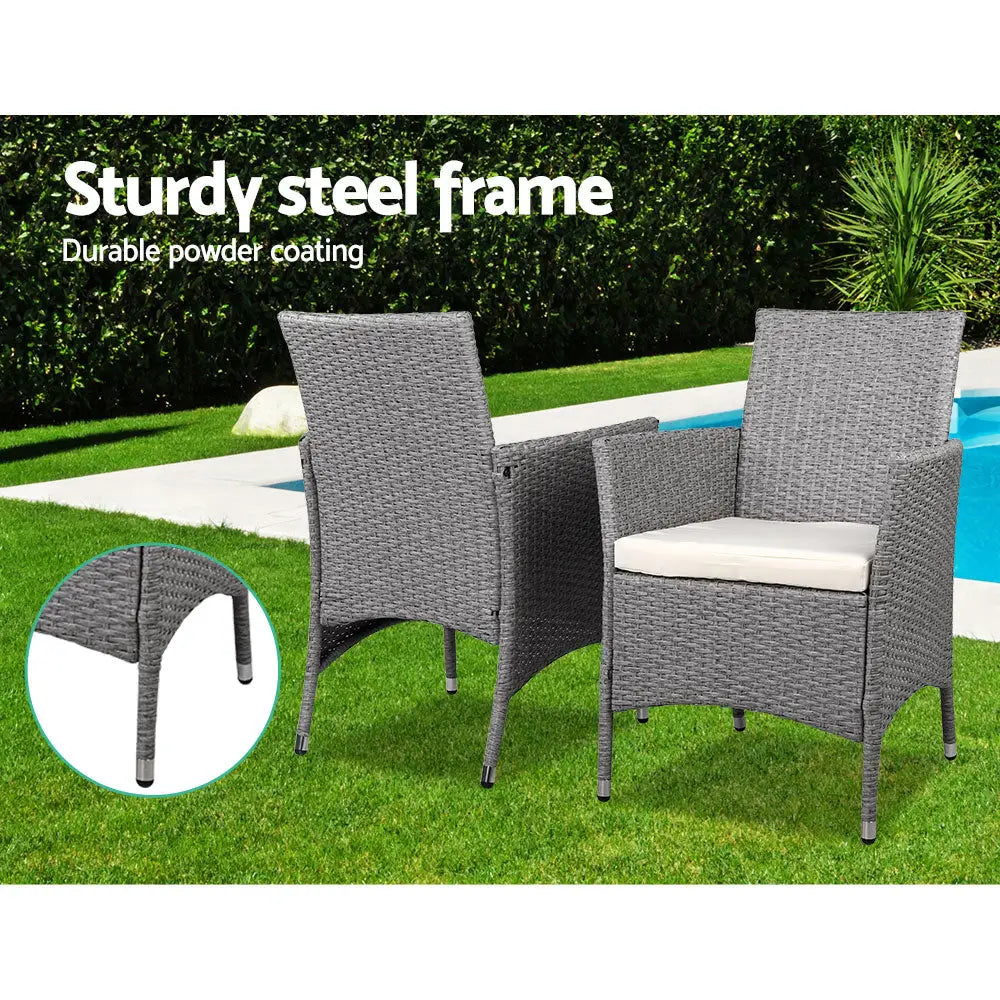 Gardeon 3PC Outdoor Bistro Set Patio Furniture Wicker Setting Chairs Table Cushion Grey - Furniture > Outdoor