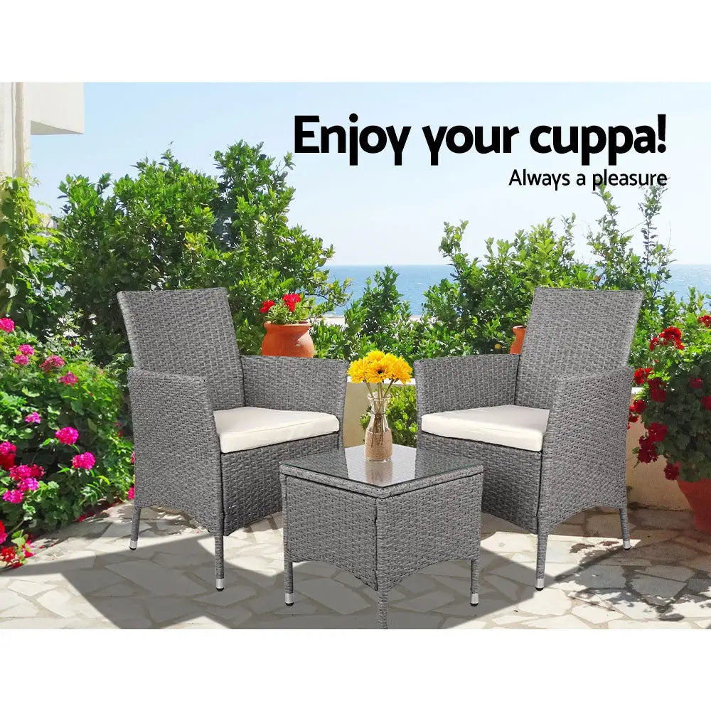 Gardeon 3PC Outdoor Bistro Set Patio Furniture Wicker Setting Chairs Table Cushion Grey - Furniture > Outdoor