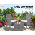 Gardeon 3PC Outdoor Bistro Set Patio Furniture Wicker Setting Chairs Table Cushion Grey - Furniture > Outdoor