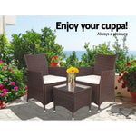 Gardeon 3PC Outdoor Bistro Set Patio Furniture Wicker Setting Chairs Table Cushion Brown - Furniture > Outdoor