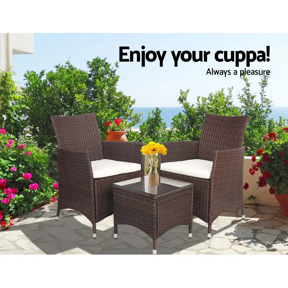 Gardeon 3PC Outdoor Bistro Set Patio Furniture Wicker Setting Chairs Table Cushion Brown - Furniture > Outdoor