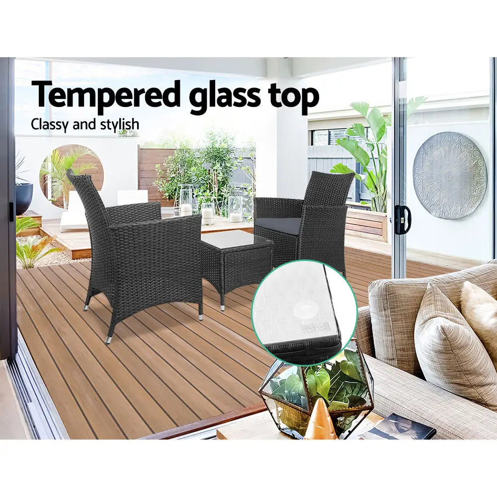 Gardeon 3PC Outdoor Bistro Set Patio Furniture Wicker Setting Chairs Table Cushion Black - Furniture > Outdoor >