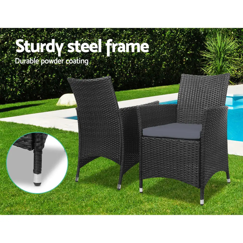 Gardeon 3PC Outdoor Bistro Set Patio Furniture Wicker Setting Chairs Table Cushion Black - Furniture > Outdoor >