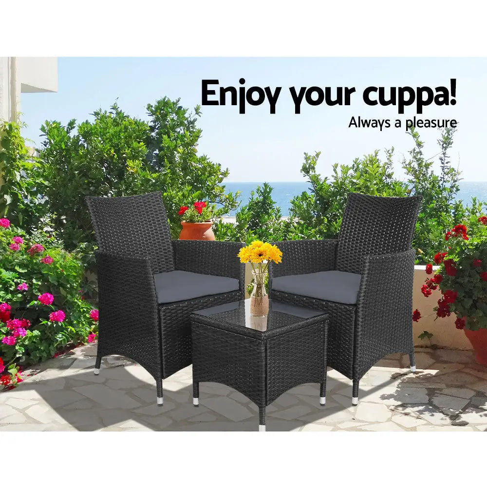 Gardeon 3PC Outdoor Bistro Set Patio Furniture Wicker Setting Chairs Table Cushion Black - Furniture > Outdoor >