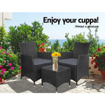 Gardeon 3PC Outdoor Bistro Set Patio Furniture Wicker Setting Chairs Table Cushion Black - Furniture > Outdoor >