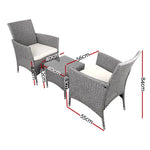 Gardeon 3PC Outdoor Bistro Set Patio Furniture Wicker Setting Chairs Table Cushion Grey - Furniture > Outdoor