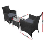 Gardeon 3PC Outdoor Bistro Set Patio Furniture Wicker Setting Chairs Table Cushion Black - Furniture > Outdoor >