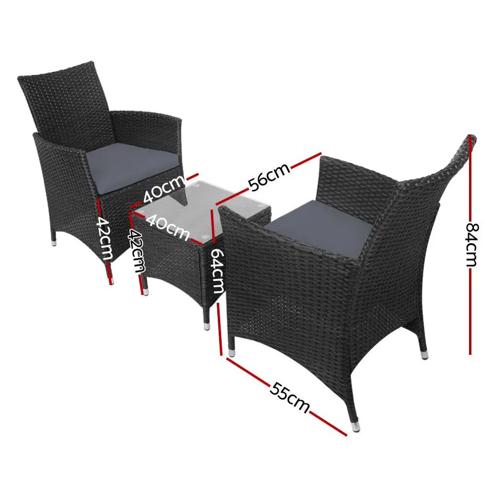 Gardeon 3PC Outdoor Bistro Set Patio Furniture Wicker Setting Chairs Table Cushion Black - Furniture > Outdoor >