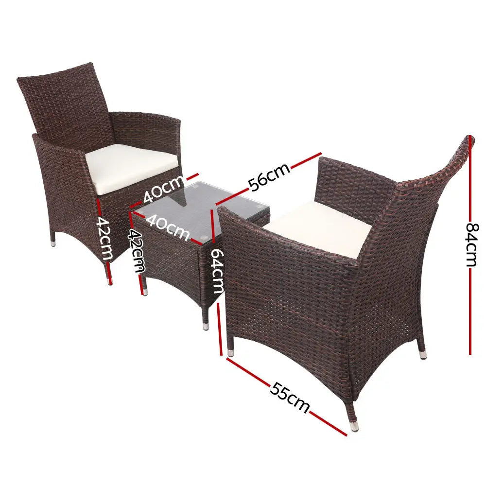 Gardeon 3PC Outdoor Bistro Set Patio Furniture Wicker Setting Chairs Table Cushion Brown - Furniture > Outdoor
