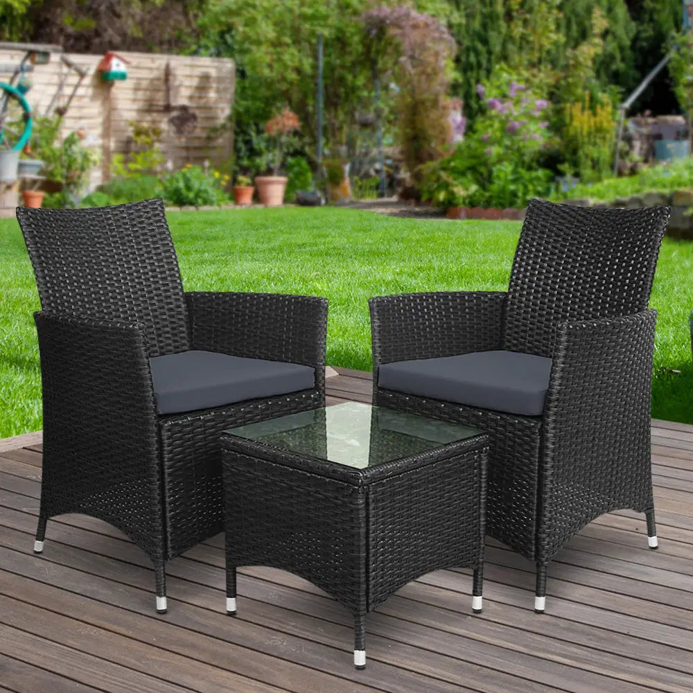 Gardeon 3PC Outdoor Bistro Set Patio Furniture Wicker Setting Chairs Table Cushion Black - Furniture > Outdoor >