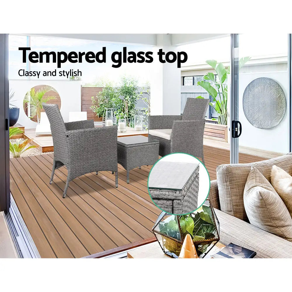 Gardeon 3PC Outdoor Bistro Set Patio Furniture Wicker Setting Chairs Table Cushion Grey - Furniture > Outdoor