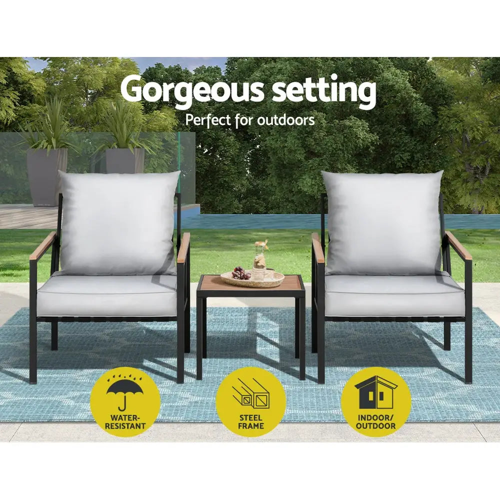 Gardeon 3PC Outdoor Furniture Bistro Set Lounge Setting Chairs Table Patio Black - Furniture > Outdoor