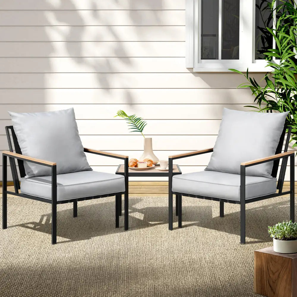 Gardeon 3PC Outdoor Furniture Bistro Set Lounge Setting Chairs Table Patio Black - Furniture > Outdoor