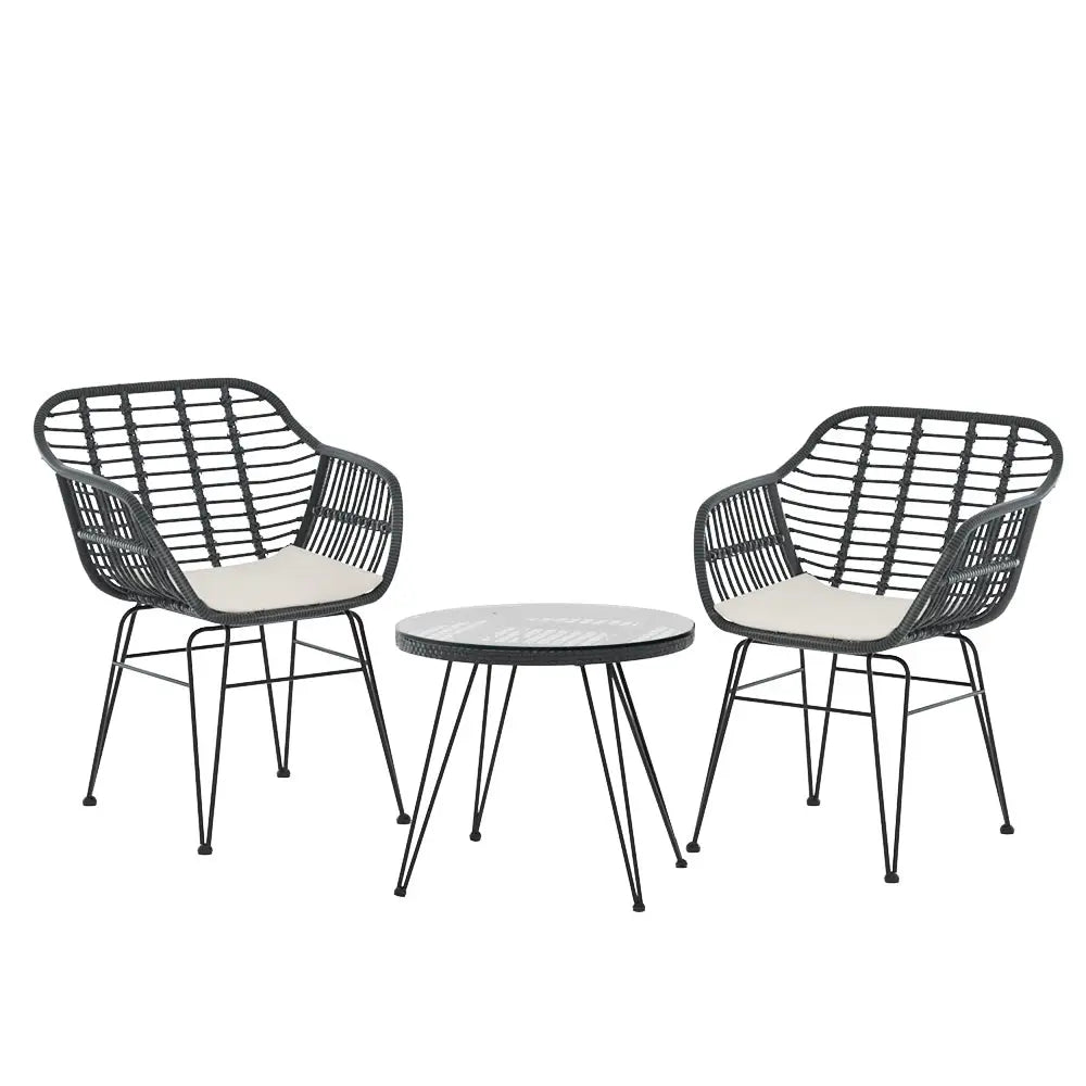 Gardeon 3PC Outdoor Furniture Bistro Set Lounge Setting Table Chairs Cushion Patio Grey - Furniture > Outdoor