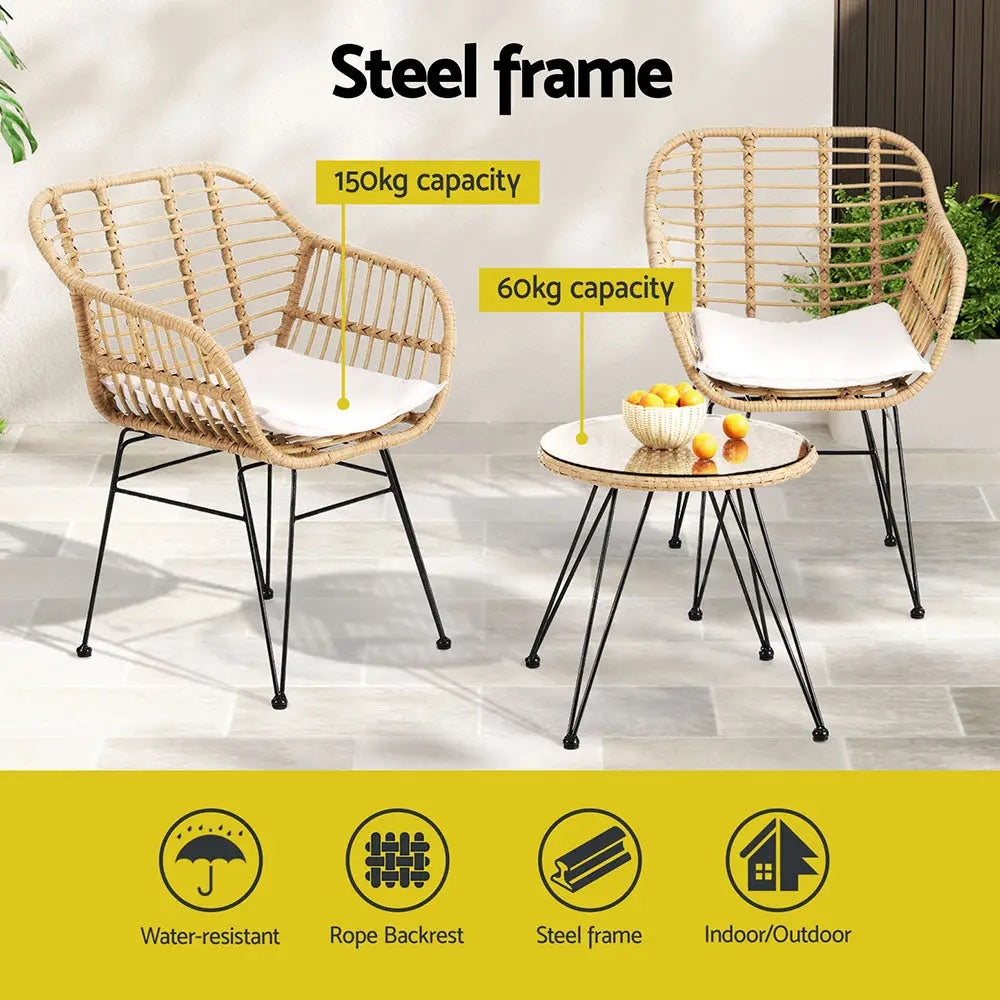 Gardeon 3PC Outdoor Furniture Bistro Set Lounge Setting Table Chairs Cushion Patio Grey - Furniture > Outdoor > Outdoor