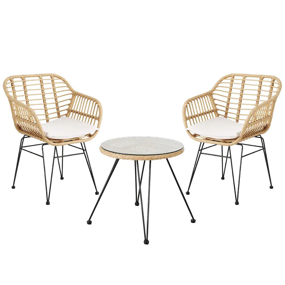 Gardeon 3PC Outdoor Furniture Bistro Set Lounge Setting Table Chairs Cushion Patio Grey - Furniture > Outdoor > Outdoor