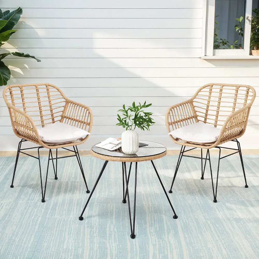 Gardeon 3PC Outdoor Furniture Bistro Set Lounge Setting Table Chairs Cushion Patio Grey - Furniture > Outdoor > Outdoor