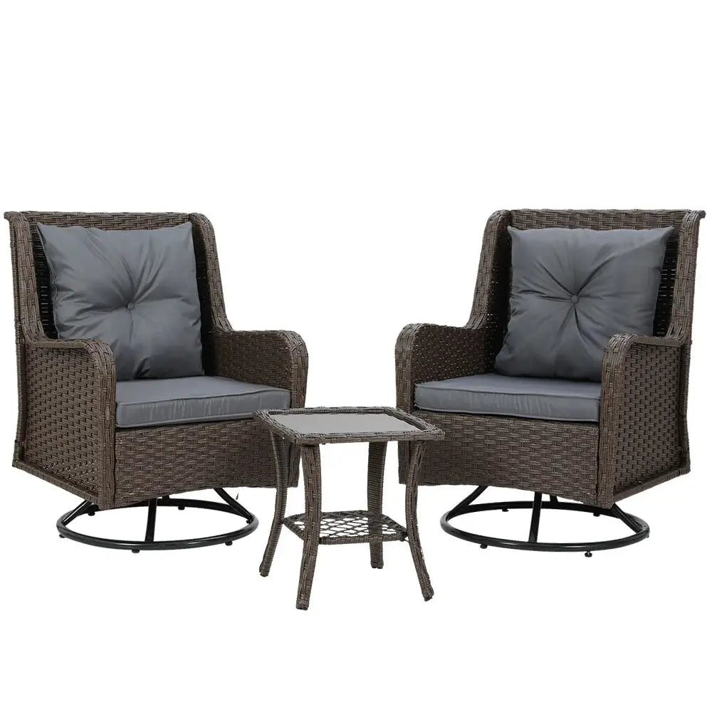 Gardeon 3PC Outdoor Furniture Bistro Set Lounge Wicker Swivel Chairs Table Cushion Brown - Furniture > Outdoor