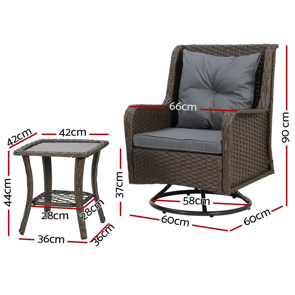 Gardeon 3PC Outdoor Furniture Bistro Set Lounge Wicker Swivel Chairs Table Cushion Brown - Furniture > Outdoor