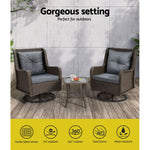 Gardeon 3PC Outdoor Furniture Bistro Set Lounge Wicker Swivel Chairs Table Cushion Brown - Furniture > Outdoor