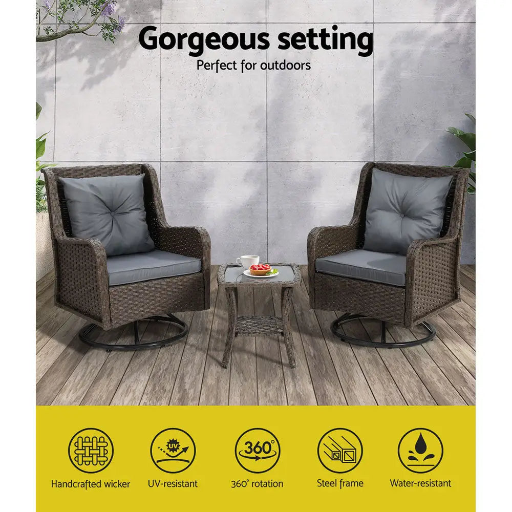 Gardeon 3PC Outdoor Furniture Bistro Set Lounge Wicker Swivel Chairs Table Cushion Brown - Furniture > Outdoor
