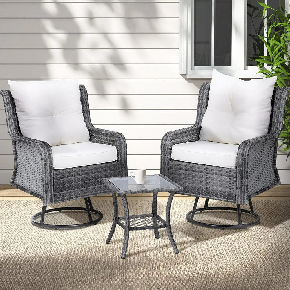 Gardeon 3PC Outdoor Furniture Bistro Set Lounge Wicker Swivel Chairs Table Cushion Grey - Furniture > Outdoor > Outdoor