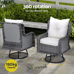 Gardeon 3PC Outdoor Furniture Bistro Set Lounge Wicker Swivel Chairs Table Cushion Grey - Furniture > Outdoor > Outdoor