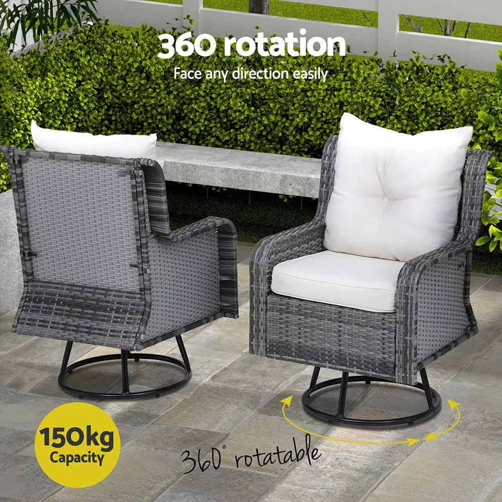 Gardeon 3PC Outdoor Furniture Bistro Set Lounge Wicker Swivel Chairs Table Cushion Grey - Furniture > Outdoor > Outdoor
