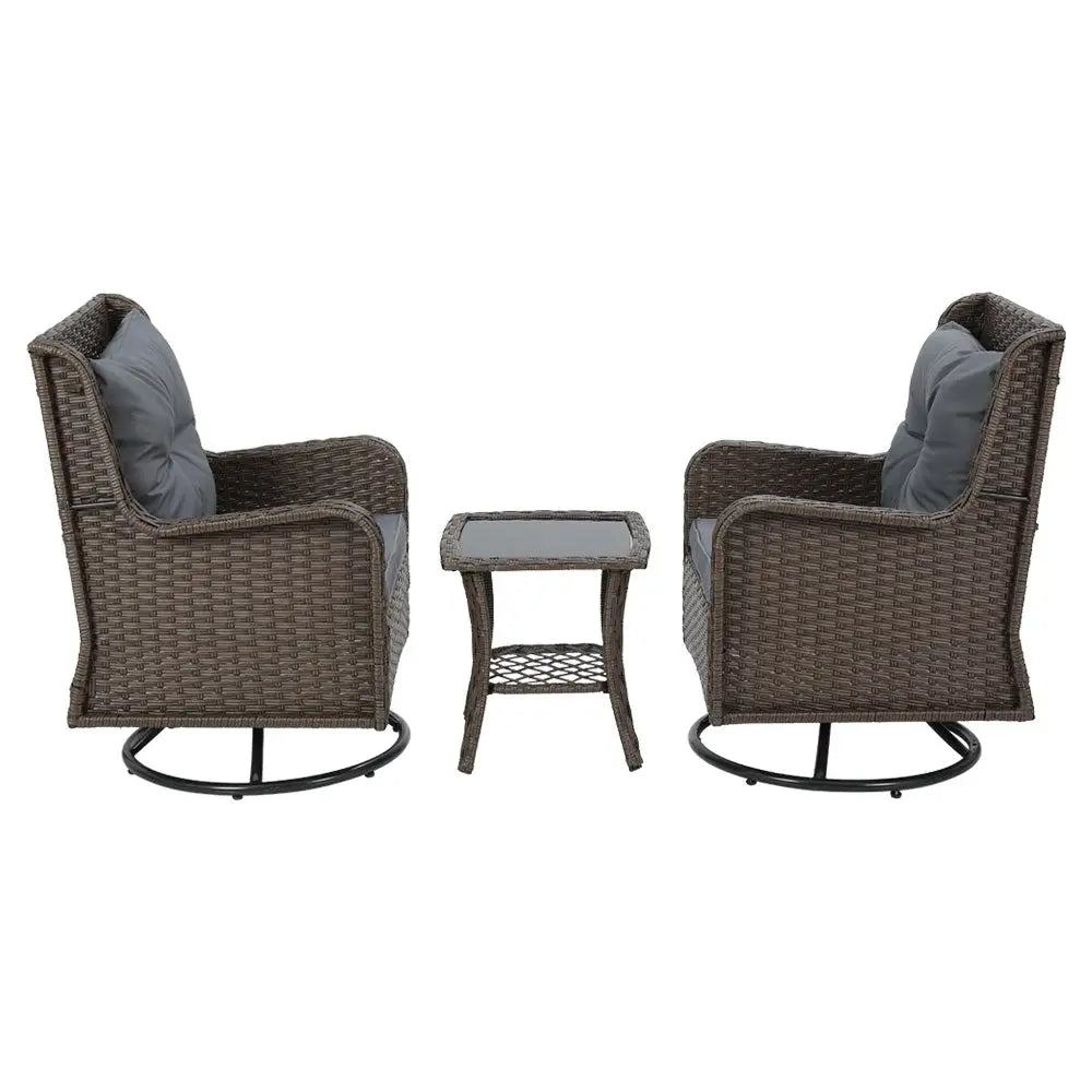 Gardeon 3PC Outdoor Furniture Bistro Set Lounge Wicker Swivel Chairs Table Cushion Brown - Furniture > Outdoor