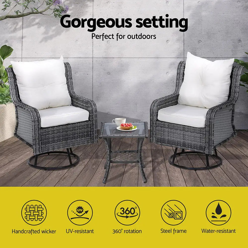 Gardeon 3PC Outdoor Furniture Bistro Set Lounge Wicker Swivel Chairs Table Cushion Grey - Furniture > Outdoor > Outdoor